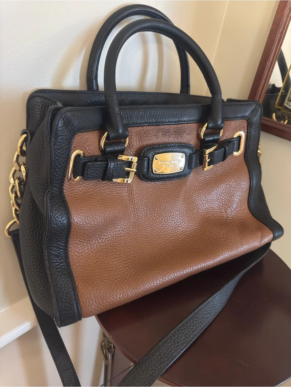 Vintage Michael Kors Black & Brown Pebbled Leather Messenger Satchel